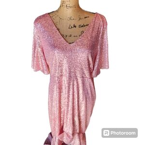 Southern Fried Chic Sequin High Low Flutter Sleeve V Neck Ruffle Dress